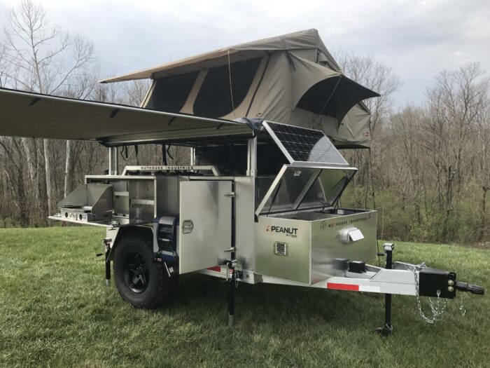 Peanut Trailer, Expedition trailer, Off road trailer, aluminum trailer, Nuthouse trailer, Nuthouse Industries, car camping, warm and dry camping, glamping, Ohio overland, ohio trailers, overland trailer, adventure trailer, 23Zero roof top tent, ARB Awning, Solar panel trailer, partner steel stove,